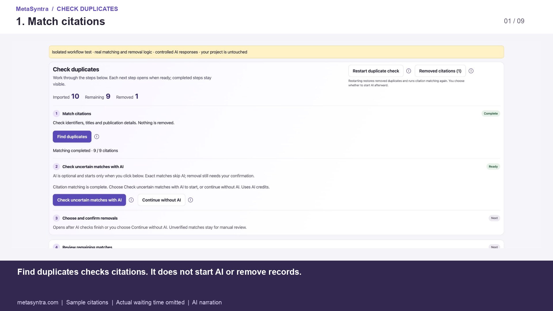 MetaSyntra duplicate-review interface showing citation matching, optional AI checks and a separate human removal-confirmation step with sample citations