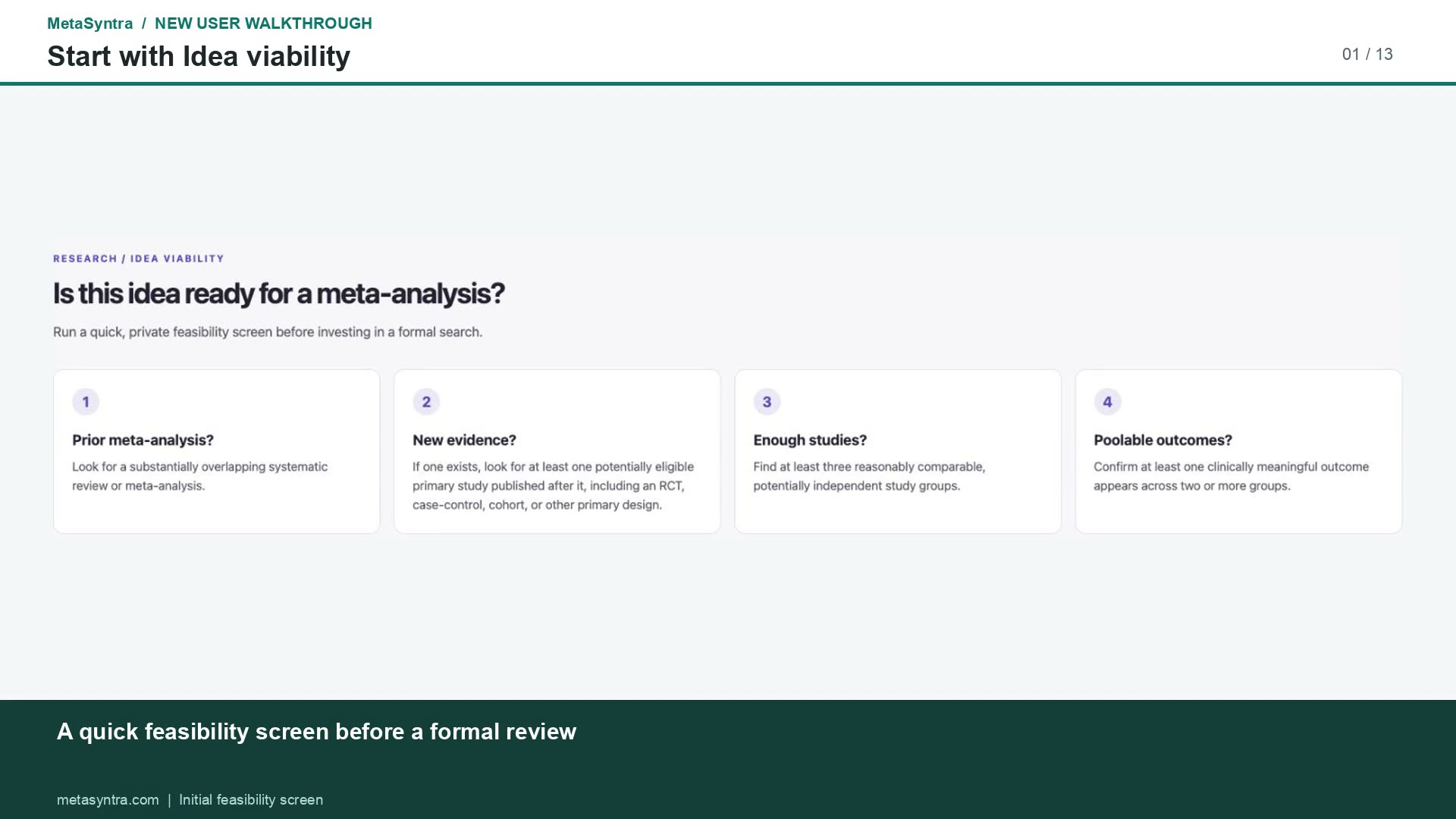 MetaSyntra Idea Viability interface showing checks for prior reviews, new evidence, independent studies and potentially poolable outcomes